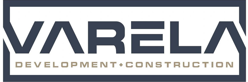 Logo of Varela Development + Construction in dark blue and beige lettering on a white background.